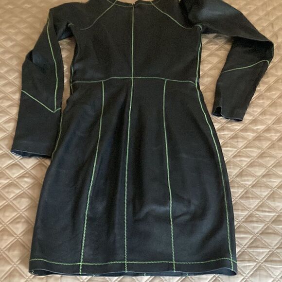 T by Alexander Wang Long Sleeve Black Leather Mini Dress/Green Stitching. Size 2 - Picture 4 of 7